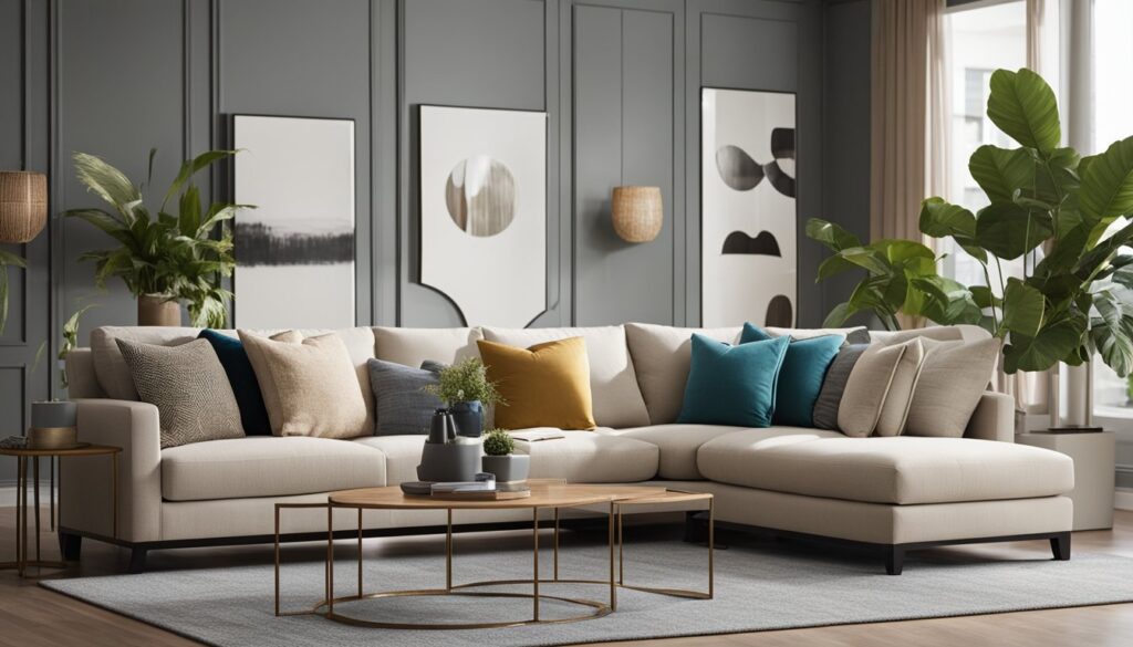 large wall art behind sectional sofa