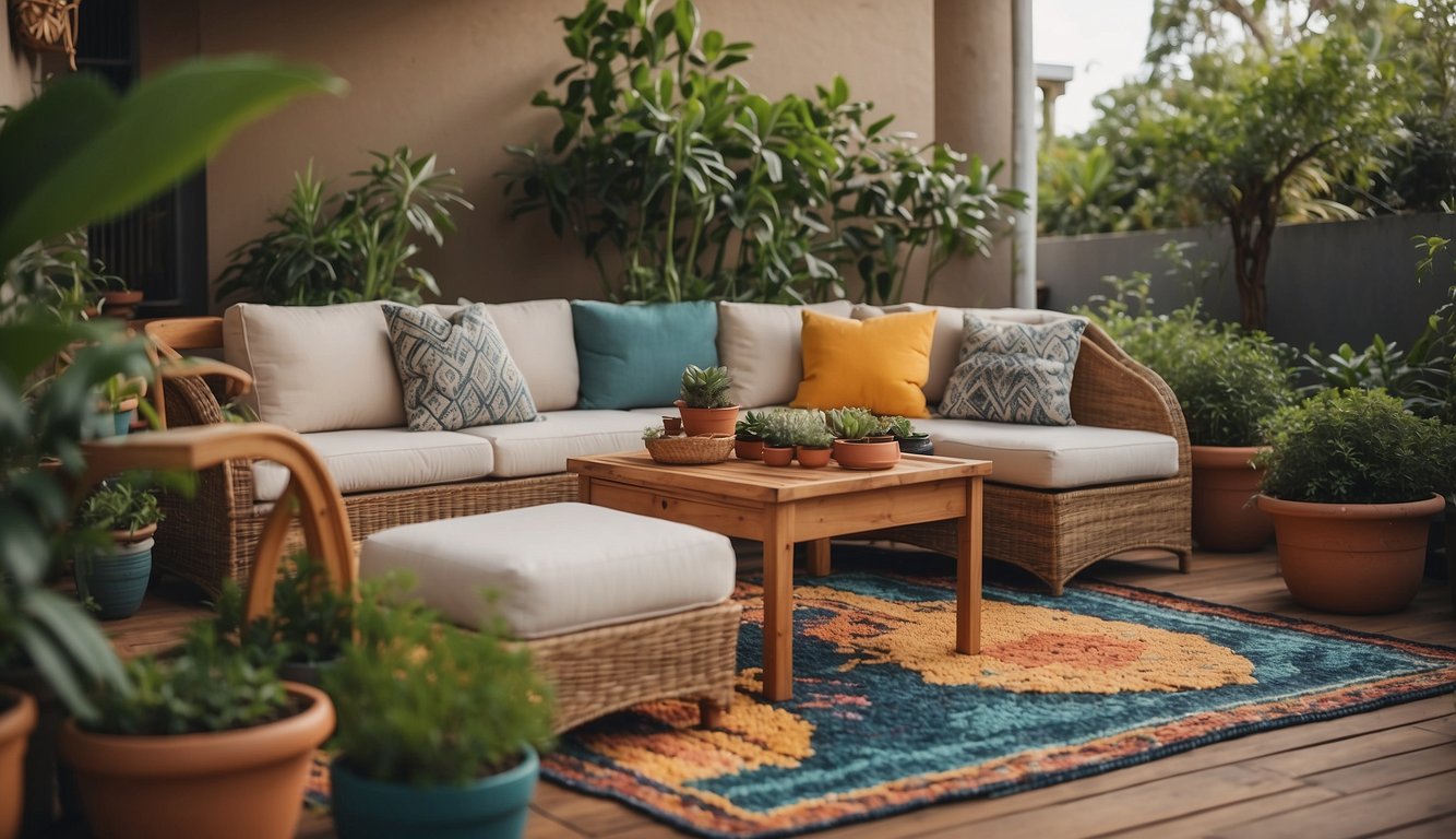 A patio with a wooden dining set, a rattan sofa, and a metal bistro set surrounded by potted plants and a colorful outdoor rug