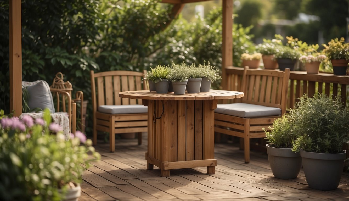 A sturdy wooden table and chairs sit under a shaded pergola, surrounded by potted plants and weather-resistant cushions. A small storage bin holds maintenance tools nearby